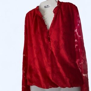 Red Lace Floral Long Sleeve and Buttons Up Front Blouse Blousology L